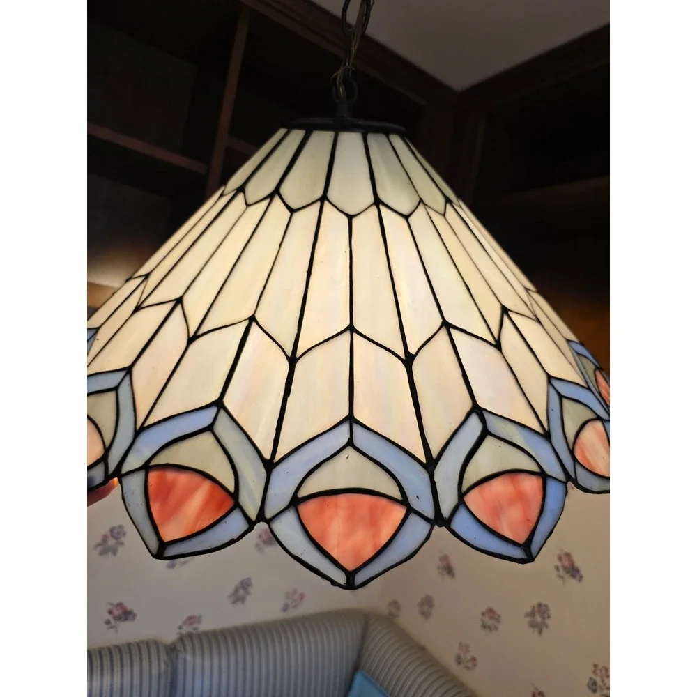 Tiffany Style Stained Glass Pendant Light Peacock Feather Slag Glass Lamp Cream